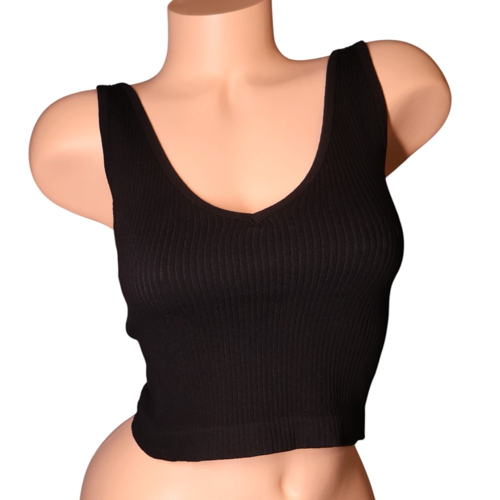 Intimately Free People Black Ribbed V Neck Crop Cami Tank Top M/L Seamless